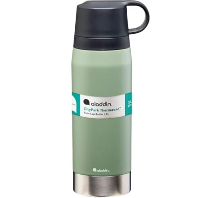 Image of Aladdin CityPark Thermavac Twin Cup Bottle 1.1L Burgundy Red BPA FREE Stainless Steel with Built in Keeps Cold or Hot for 25 Hours Leakproof Dishwasher Safe