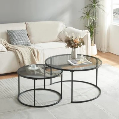 Image of [en.casa] Coffee Table Set Kokkola Side Living Room Sofa Round Smoked Glass 4 mm/Black