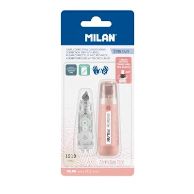 Image of MILAN Blister Correction Tape 5 mm x 6 m + 1 Refill, 1918 Series, Pink