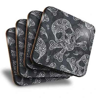 Image of Destination Vinyl ltd Great Coasters (Set of 4) Square Black Swirly Skull Skulls Goth Drink Glossy Coasters/Tabletop Protection for Any Table Type #8184