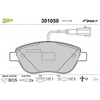 Image of 95518218 Brake pad set VALEO 301050 FIRST Front Axle incl. wear warning contact without anti squeak plate ABARTH: 500 / 595 695 Hatchback
