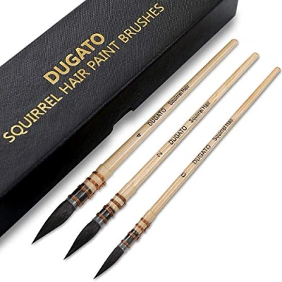 Image of Professional Watercolor Squirrel Hair Paint Brushes by DUGATO, Mop Round Fine Tip Detail Paintbrush Set for Art Painting, Gouache, Detailing, Acrylic, Oil (3 Brushes)