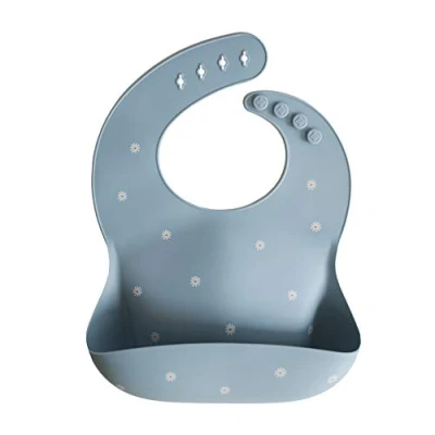 Image of mushie Silicone Baby Bib Adjustable Fit Waterproof Bibs Easy Wipe Feeding 4 Sizes with Deep Front Pockets 100% BPA and Phthalate free Designed in Sweden White Daisy