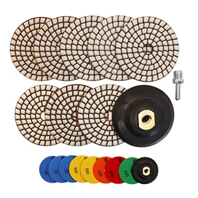 Image of HIGHDRIL Dry Diamond Polishing Pad 8PCS (#50x3/#100x2/#200/#400/#800) 100MM with Rubber Backing Pads+ M14 Adapter for Granite Stone Marble Floor Polish Kit Drill, Grinder, Polisher