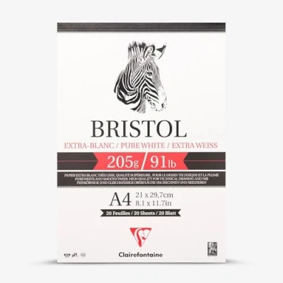 Image of Clairefontaine Ref 96173C Bristol Extra White Paper Pad (20 Sheets) A4 (297 x 210mm) Size, 205gsm Suitable for Pencil, Technical Pen, Indian Ink, Felt Nibs