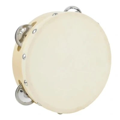 Image of A Star 6 Inch/15cm Handheld Headed Wooden Tambourine, Traditional Single Metal Jingle Bell Row Natural Head