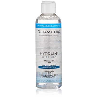 Image of DERMEDIC HYDRAIN3 HIALURO Micellar Water H2O 200 ml Hypoallergenic for make up removal and cleansing of sensitive eyes face. Also skin intolerant to water, conventional products soap.