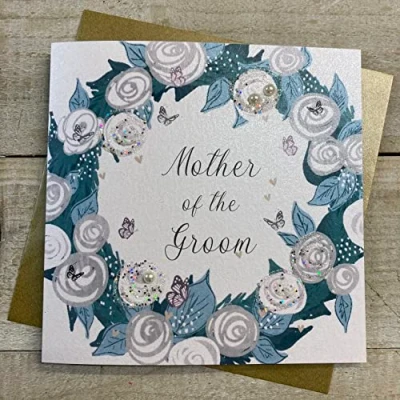 Image of WHITE COTTON CARDS MOTHER OF THE GROOM, FLOWERS &amp; BUTTERFLIES WEDDING CARD, HAND FINISHED (D18 MOG)