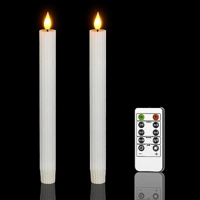 Image of Ymenow Remote Control LED Taper Candles, 2pcs 24.5cm H White Stripe Real Wax Electric Flameless Fake Candles Flickering with Timer for Halloween Christmas Home Room Window Decorations, Warm