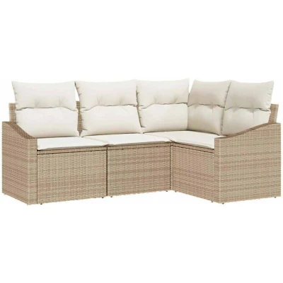 Image of vidaXL 4 Piece Garden Dining Set with Cushions Beige Poly Rattan