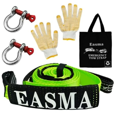 Image of Tow Rope 5M x 5cm, Heavy Duty Recovery Towing Strap 10 Ton (22,000 Lbs) with 2 D Ring Reinforced Shackles for Car, Truck, Off Road, SUV, UTV, ATV Emergency Car Kit Accessories (Green)