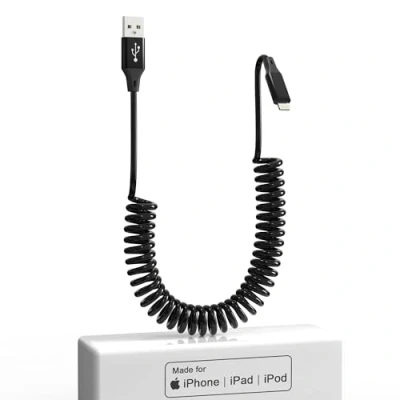 Image of Coiled Lightning Cable, Apple Carplay Cable&amp; MFi Certified, Short Retractable Charging Cord with Data Transmission for iPhone/iPad/iPod