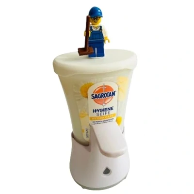 Image of Lid Accessory for Sagrotan No Touch Soap Dispenser Refill with Building Block Figure Integration (Building Not Included)