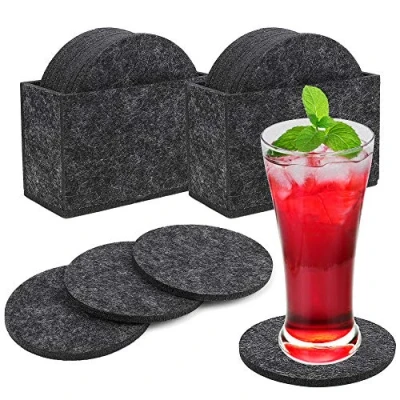 Image of Felt Coasters Round Drinks Non Slip Absorbent Washable Cup Mats Coaster Sets with Matching Holders for Drinks, Cups, Glass Bottles Set of 16 (Dark Grey)