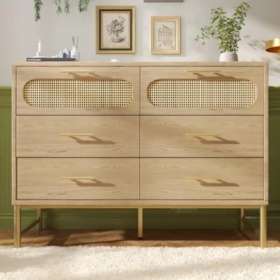 Image of ModernLuxe Rattan Sideboard Storage Cabinet with 6 Drawers, Living Room Cabinets Metal Handles, Anti Tip, Wood Grain Veneer Chest of Drawers for Bedroom and Hallway, Oak, 120x40x74cm