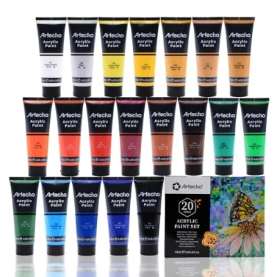 Image of Artecho Professional Acrylic Paint Set, 20 Primary Colors (120ml / 4.05oz) Tubes, Art Craft Paints for Canvas Painting, Rock, Stone, Wood, Fabric, Supplies Artists, Adults,