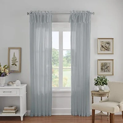 Image of Elrene Home Fashions Jolie Crushed Semi Sheer Window Curtain, Adjustable Tie Top Single Panel, 52&quot; x 84&quot; (1 Panel), Soft Blue