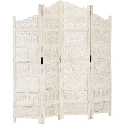 Image of vidaXL Hand Carved 4 Panel Room Divider Solid Mango Wood and MDF Partition Elegant White Finish Ideal for Home Interior Design 160x165cm