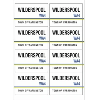 Image of Wilderspool WA4 Town of Warrington Road Sign Rectangular Matt Paper Stickers A4 Sheet 8 (Each Sticker is 99mm x 68mm)
