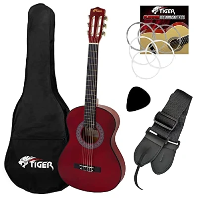 Image of Tiger Left Handed 1/2 Size Red Kids Classical Spanish Guitar Package