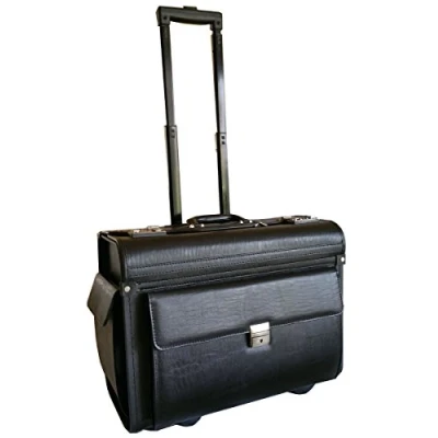 Image of Large Wheeled Laptop Pilot Case in Grained Faux Leather Rolling Briefcase Business Bag on Wheels