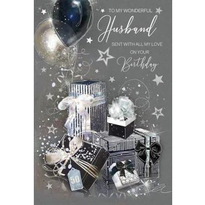 Image of Cherry Orchard Wonderful Husband Birthday Card with Presents Design silver foil and envelope from Grayson Range