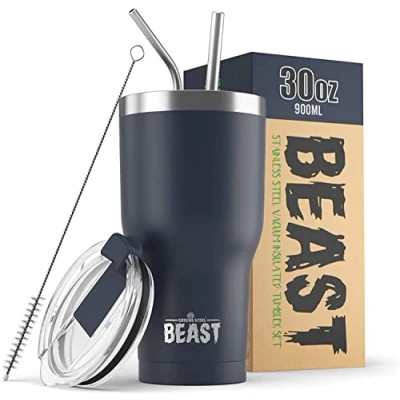 Image of Beast Tumbler 900 ml (30 oz), Navy Blue Reusable Stainless Steel, Vacuum Insulated Cup with + 2 Straws &amp; Cleaning Brush Double Wall Travel Flask Perfect for Hot or Iced Coffee BPA Free
