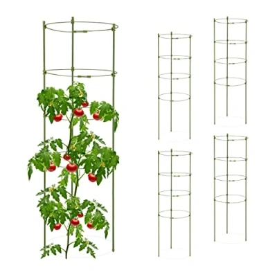 Image of Relaxdays Garden Trellis Set of 5, Metal &amp; Plastic, HxØ: 90x28 cm, 4 Adjustable Rings, Tomatoes Climbing Plants, Green, Alloy Steel