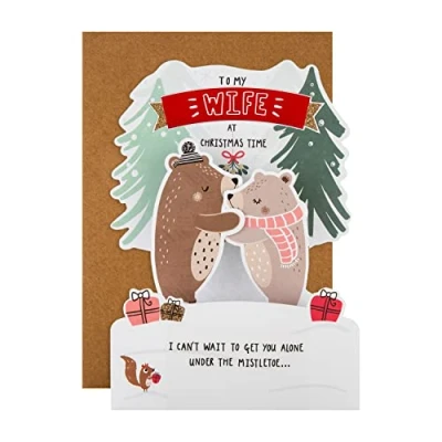 Image of Hallmark Christmas Card for Wife Cute Pop Up Bears and Mistletoe Design