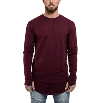 Image of Blackskies Round Long Sleeve Basic Men&#039;s Longine T Shirt Oversized Curved Hem Sweater L/S Tee Maroon Red Medium M