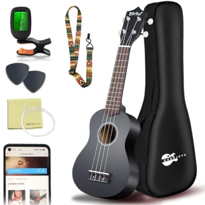 Image of Everjoys Soprano Ukulele Beginner Kit 21 Inch Ukelele w/How to play Songbook Carrying bag Digital Tuner All in One Set (Black)