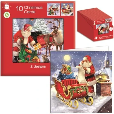 Image of Tom Smith Giftmaker Pack 10 Square Christmas Cards 2 Festive Santa &amp; Sleigh Designs 14cm
