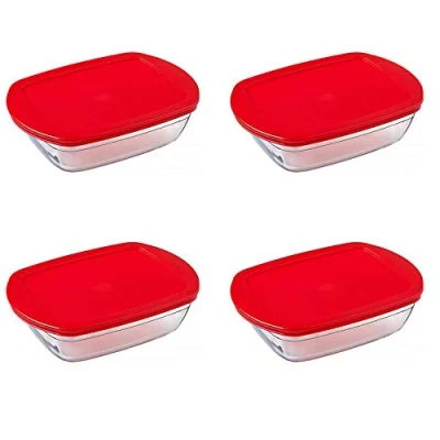 Image of Pyrex O&#039;Cuisine Borosilicate Glass Rectangular Dish with Plastic Lid 0.4 Litre Red (Pack of 4)