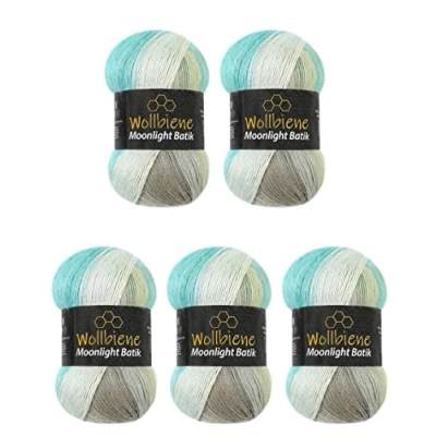Image of Wollbiene Moonlight Batik 5 x 100 g Knitting Wool 500 for and Crocheting 20% Turkish Gradient (4050 Turquoise Grey Beige)