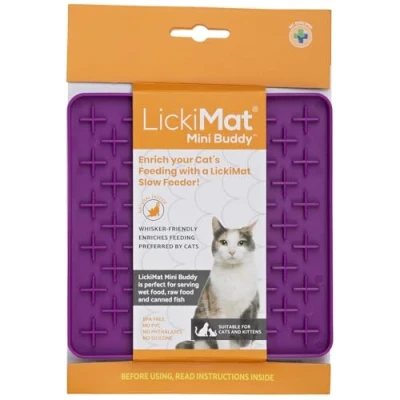 Image of LickiMat Mini Classic Buddy Cat Food Mat, Slow Feeder for Boredom &amp; Anxiety Relief Cats, Perfect Food, Treats, Yoghurt Peanut Butter, Fun Alternative to a Feeding Bowl, Purple