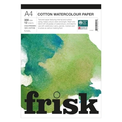 Image of Frisk Watercolour Paper Pad 300gsm 100% Cotton Cold Pressed/Not 12sheets A4, White (23195004)