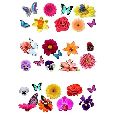 Image of 28 Beautiful Flower and Butterfly Edible Wafer Paper Cake Toppers Decorations