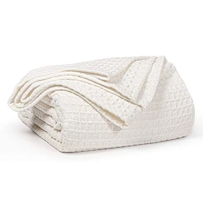 Image of EHC Luxuriously Soft Chunky Waffle Cotton Throws Extra Large Sofa Bed, Sofa, Couch Blanket Bedspread, King size, 225 x 250 cm Ivory