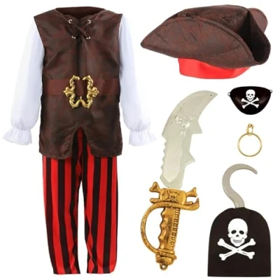 Image of Boys Pirate Costume 4 6 Years Shirt, Striped Trousers, Tricorn Hat Kids World Book Day Halloween Fancy Dress