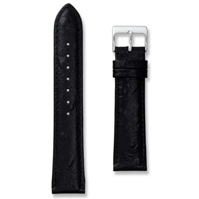 Image of Ostrich Pattern Calf Leather Watch Strap 18mm 20mm Gold and Silver Buckles Included Tan Colour Band Spring Bars Tool (Black, 18mm)