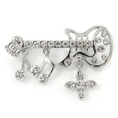 Image of Avalaya Rhodium Plated Clear Crystal Guitar with Musical Charms Brooch 45mm Across