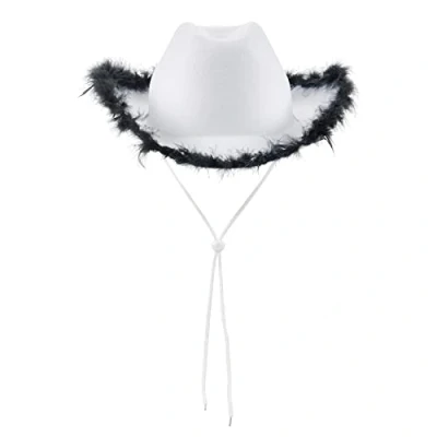 Image of Light Up Cowboy Hats for Women Fluffy Feather Brim LED Cowgirl Hat Bachelorette, Costume Party, Play Dress (White Black Feather)