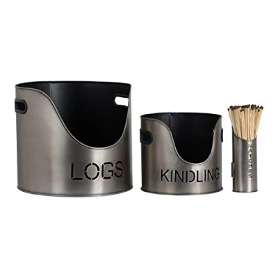 Image of Hill 1975 Log&#039;s &amp; Kindling Buckets + Matchstick Holder in Aged Pewter, METAL, Mixed, 0 x 32 cm