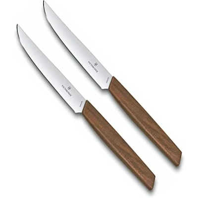 Image of Victorinox Swiss Modern, Steak Knife Set, Set of 2, Extra Sharp Blade, Straight Edge, 12 cm, Holzgriff, Stainless Steel, Brown