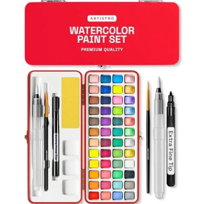 Image of ARTISTRO Watercolor Paint Set 48 Vivid Colors + Metallic and Neon Colors, Travel in Portable Box, Water Color Sets for Kids, Adult Beginners, Amateurs