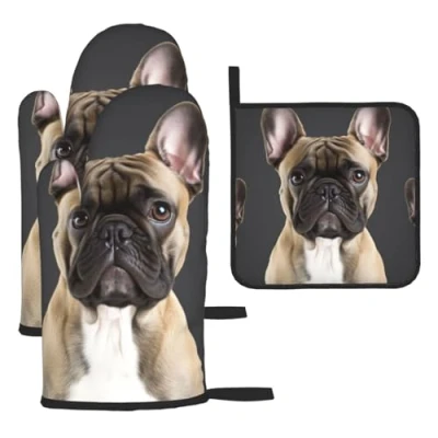 Image of Oven Mitts and Pot Holders Set 3 pcs Kitchen Glove French Bulldog Mitt Heat Resistant for Cooking Non Slip Gloves Washable Potholders Baking BBQ