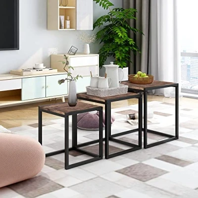 Image of DUMEE Nesting Tables Set of 3, Stacking Side Tables, Sofa End Wooden Coffee Table, Steel Metal Legs, for Living Room, Black and Rustic Brown