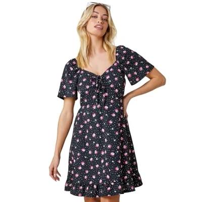 Image of Dusk Womens Floral Print Frill Hem Mini Dress Black Size 10 UK