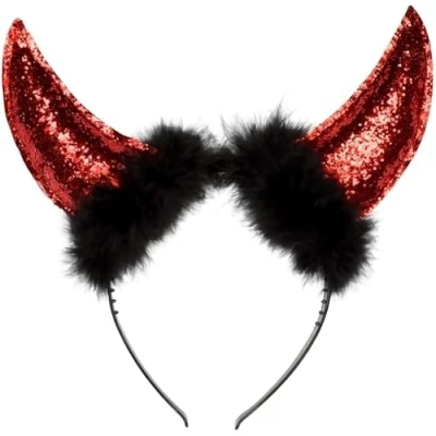 Image of Boland Red Glitter Devil Horns On Headband With Black Trim, Halloween Fancy Dress Accessory, Accessories, Womens, Ladies, One Size (One Size)