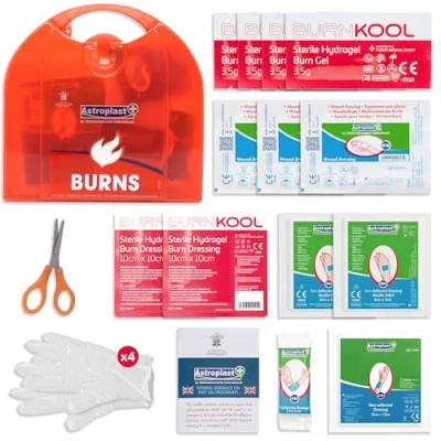 Image of Astroplast First Aid Burns Dispenser in Compact Red Piccolo Box Refillable Kit with Burn Gel, Gloves and Dressings Essential Medical Equipment for Home, Workplace, or Car